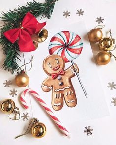 Christmas1 Festive Christmas gingerbread man with candy cane, ornaments, and greenery on white background. | Sky Rye Design Watercolour Gingerbread Man, Christmas Paintings Gingerbread, Gingerbread Man Cards, Colored Pencil Christmas Cards, Christmas Drawing Gingerbread, Gingerbread Christmas Card, Christmas Aquarelle Card, Aesthetic Christmas Cards, Christmas Illustration Watercolor