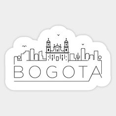 a black and white sticker with the word bogota in front of a cityscape