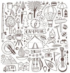 the camping doodle is drawn in black and white, with various items on it