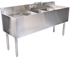 a stainless steel sink with two faucets on each side