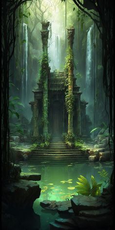 an artistic painting of a forest with a waterfall and a building in the middle, surrounded by greenery