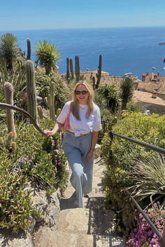 woman standing on stairs in garden overlooking the ocean South France Honeymoon, Eze France Photography, South Of France Lifestyle, Nice France Instagram Spots, Travel Inspiration Destinations, Travel Itinerary