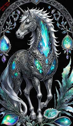 a white horse standing on top of a lush green plant covered in crystal stones and surrounded by leaves