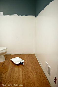 a white toilet sitting on top of a hard wood floor next to a bathroom wall