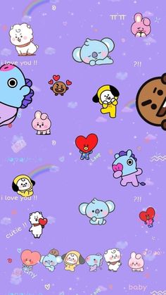 an image of many different cartoon characters on a purple background with hearts and stars in the sky