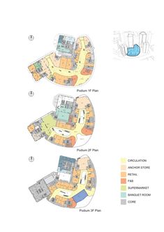 the floor plan for an apartment building with two floors and three levels, in different colors