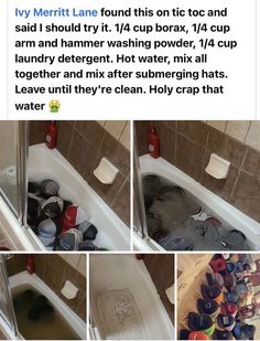 several pictures of different types of shoes in a bathtub with water and dirt on the floor