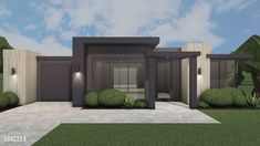 a rendered image of a modern house with landscaping