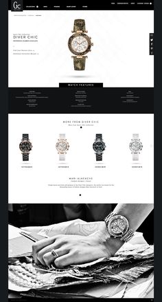 an image of a website page with different watches on the front and back pages in black and white