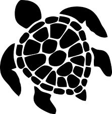 a black and white silhouette of a sea turtle with its head turned to the side