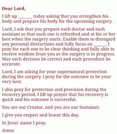 a poem written in red and white with the words dear lord, i lift up today asking that you strengthen his body and prepare