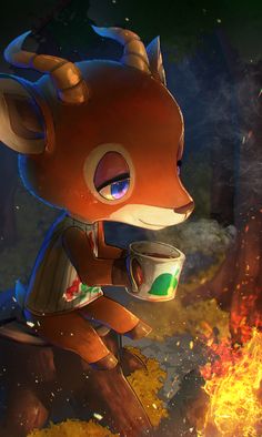 an animal holding a cup next to a fire