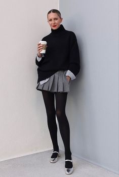 Mini Skirt With Boots, Fall Activewear, Topshop Jacket, Skort Style, Blair Eadie, Mini Skirt Style, Oversized Striped Sweater, Wool Mini Skirt, Black Pleated Skirt