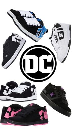 several different types of shoes with the word dc on them in black, white, pink and blue