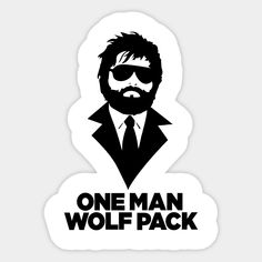 the one man wolf pack sticker is shown in black and white with an image of a