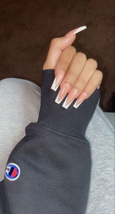 Long French Nails With Design, Square Acrylic Nails Medium Length Ideas, Pretty Long Acrylic Nails, White French Tip Nails Long Square, French Square Nails Long, French Manicure Square Nails Long, Pink And White Nails French Square, White Long French Tip Nails, White Triangle French Tip Nails