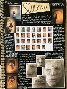 an open notebook with pictures and words on it, including images of people's faces