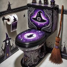 a toilet decorated with halloween decorations and witch's hat on the lid, next to a broom