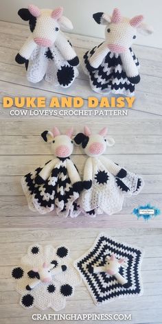 three crocheted cows are shown with the words duke and daisy written below them