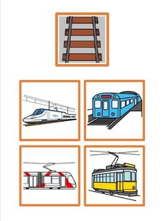 four pictures with different types of trains on them, including a train and a tram