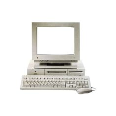 an old computer with keyboard and mouse on a white background in front of the monitor