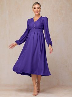 Regency Elegant Long Sleeve Purple Chiffon Dress, Purple Flowy Long Sleeve Chiffon Dress, Wedding Guest Dresses Long, Wedding Guest Dresses, Sleeves Dress, Mother Of The Bride Dress, Bride Dresses, Tea Length, Mother Of The Bride Dresses