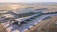 an aerial view of the airport terminal