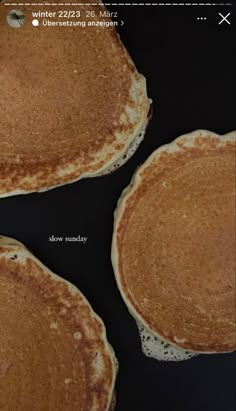 three pancakes sitting side by side on top of a black surface with the words winter 2232