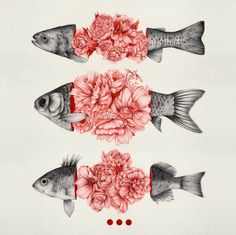 three fish with flowers on their backs are shown in this drawing, one is red and the other is black