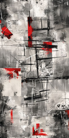 an abstract painting with red and gray colors