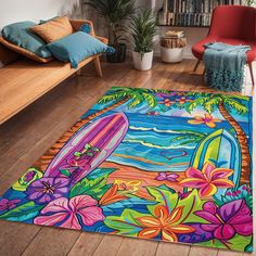 a brightly colored rug in the middle of a living room