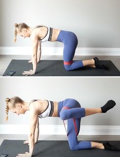 the woman is doing an exercise on her yoga mat