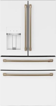 a white refrigerator freezer with two gold handles