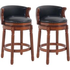 a pair of wooden stools with black leather upholstered back and armrests