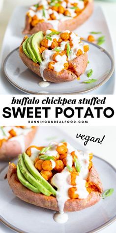 this sweet potato is loaded with chickpea and avocado for an easy appetizer