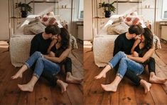 a man and woman sitting on the floor in front of a bed with their legs wrapped around each other