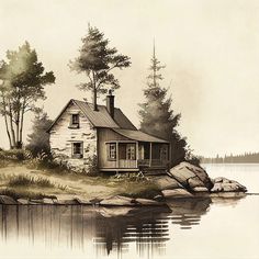 a painting of a house sitting on top of a rock next to a body of water