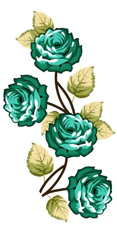 three blue roses with green leaves on them