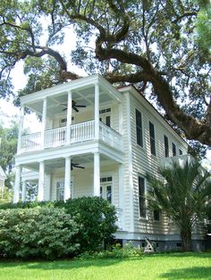 a large white house sitting on top of a lush green field next to a tree