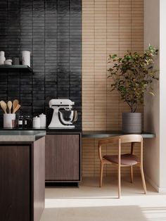 a kitchen area with a counter, mixer and potted plant