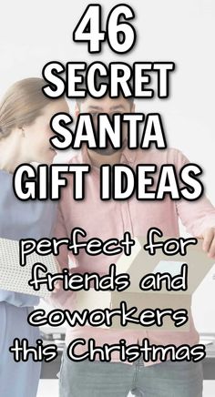 a man and woman standing next to each other with the words 40 secret santa gift ideas perfect for friends and cowers this christmas