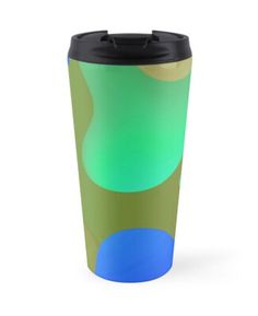 a green and blue cup with a black lid on it, sitting against a white background