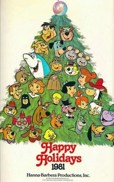 a cartoon christmas tree with many dogs around it