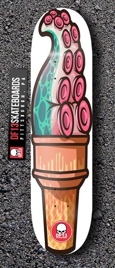 a skateboard with an ice cream sundae on it's side and sticker next to it