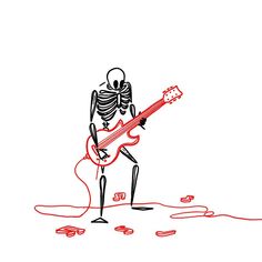 a skeleton playing a guitar while standing on the ground with red string attached to it