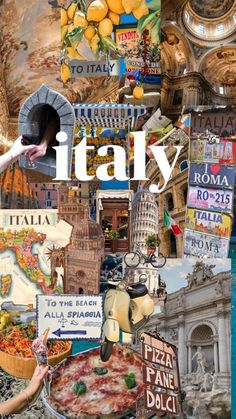 the collage is made up of many different pictures and words that say it's italy