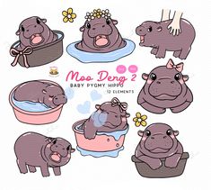 baby hippos and their mom are in the tub with flowers on her head