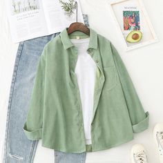 Chemise à manches longues en coton - Mandenge Spring Shirts Women, Corduroy Blouse, Corduroy Top, Ladies Tops Blouses, Casual Outwear, Straight Clothes, Women Shirt Top, Button Outfit, Tops And Blouses