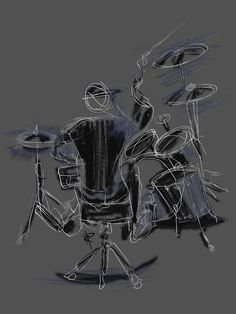 a black and white drawing of a drum set on a grey background metal print by person