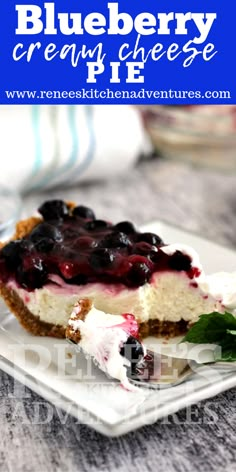 blueberry cream cheese pie on a white plate with the title in the middle above it